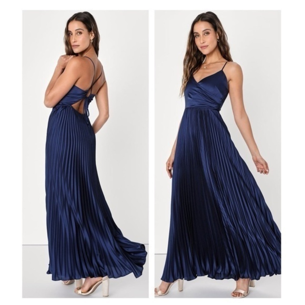 ⚫️ LULUS Precious Sentiments Navy Blue Satin Pleated Tie-Back Maxi Dress​